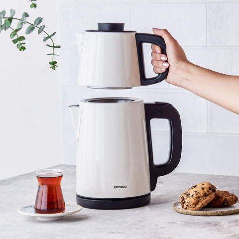 Théière et bouilloire Karaca Tea Break en acier inoxydable, couleur crème