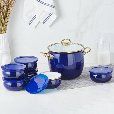 Yaourtière Karaca Retro en émail, 8 pièces, bleu marine