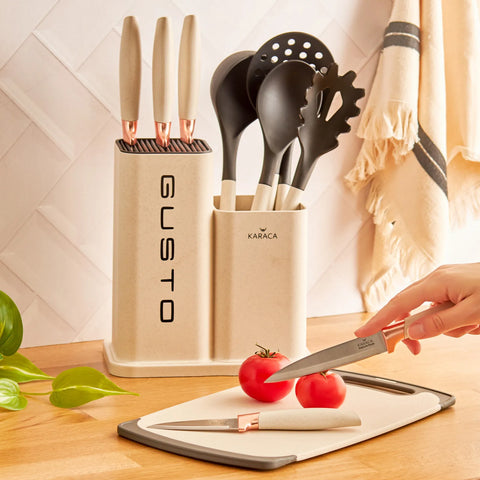 Set de couteaux et planches à découper Karaca Gusto, crème, 12 pièces 