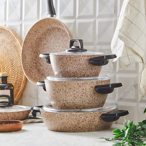 Batterie de cuisine Karaca Biogranit, 9 pièces, effet bois/pierre