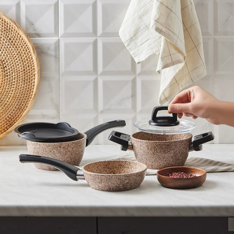 Batterie de cuisine Karaca Biogranit taille mini bois/pierre, 5 pièces