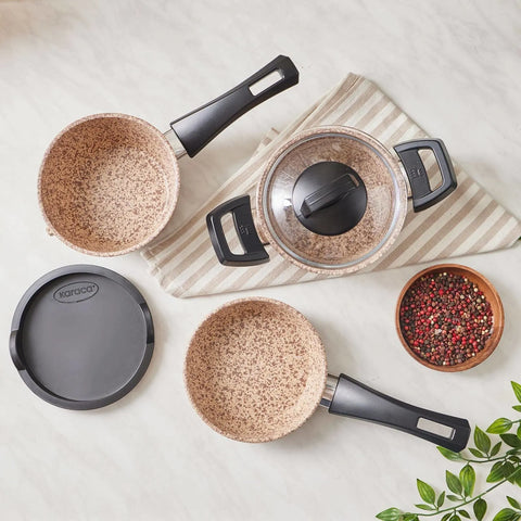 Batterie de cuisine Karaca Biogranit taille mini bois/pierre, 5 pièces