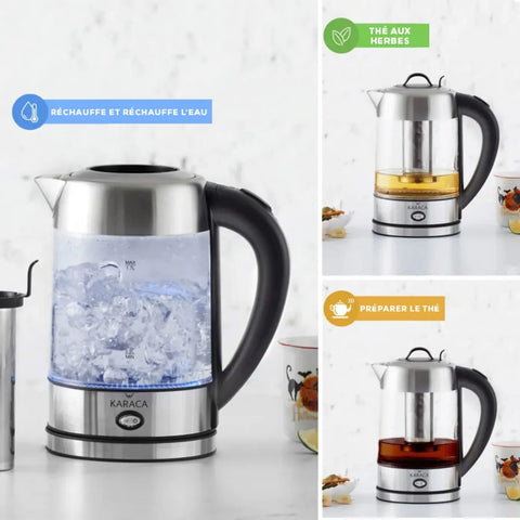 Théière bouilloire Karaca en verre et acier inoxydable 2202 à éclairage LED, 1,7 litre