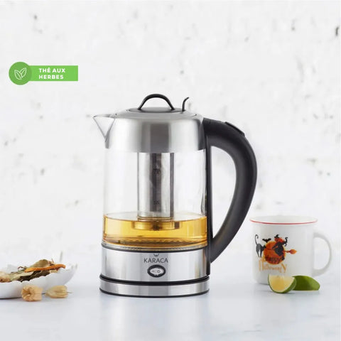 Théière bouilloire Karaca en verre et acier inoxydable 2202 à éclairage LED, 1,7 litre