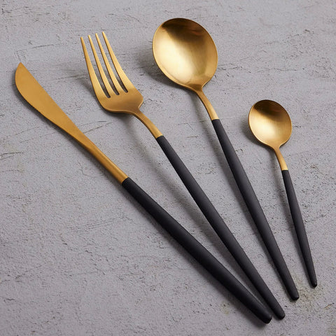 Set de couverts Karaca Raven 16 pièces en acier inoxydable pour 4 personnes, Noir et Or