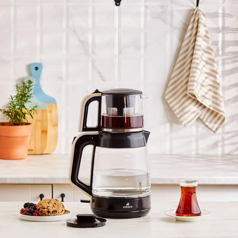 Théière et bouilloire en verre Karaca Glass Tea XL 2 en 1, crème