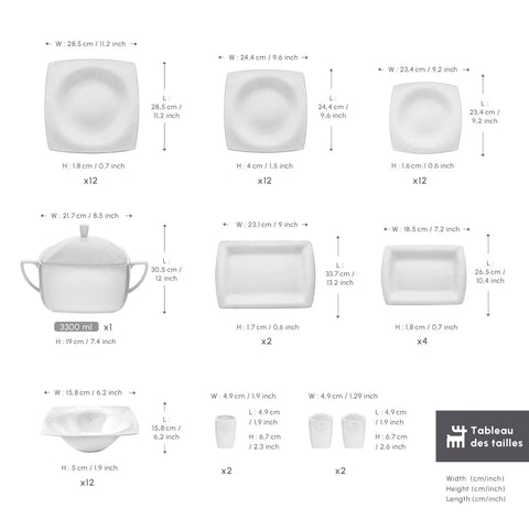 Service de table Karaca Fine Pearl Helen pour 12 personnes, 62 pièces, carrées