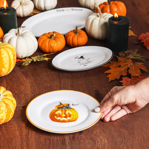 Assiette à dessert Karaca Halloween Chat Citrouille 19cm, blanc, porcelaine