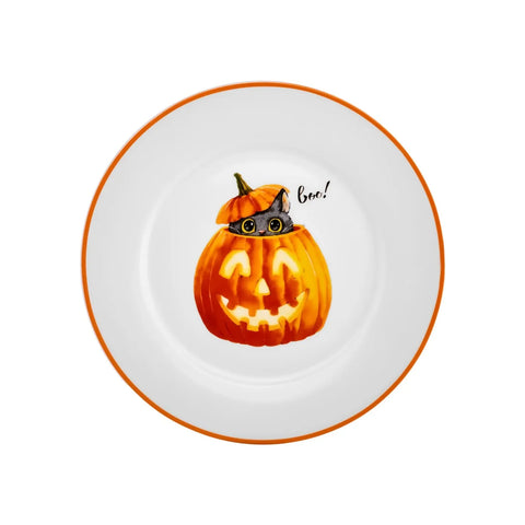 Assiette à dessert Karaca Halloween Chat Citrouille 19cm, blanc, porcelaine