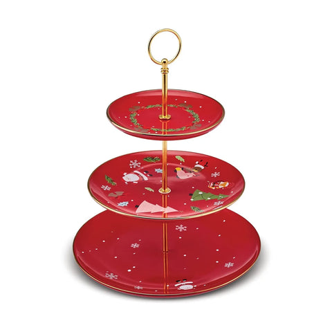 Présentoir à gâteaux Karaca Noël Ligne d'or 3 niveaux, porcelaine​