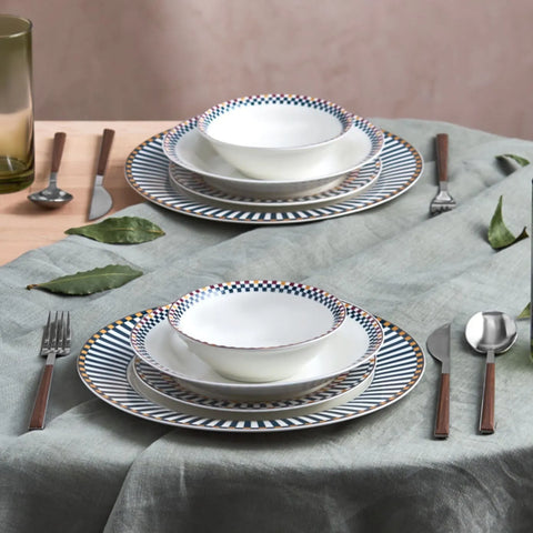 Service de table en porcelaine Karaca Damas pour 6 personnes, 24 pièces, bleu