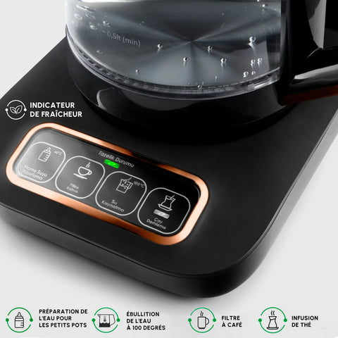 Théière Bouilloire et cafetière filtre Karaca Caysever Robotea Pro 4 en 1 automatique parlant, 2500W, cuivre noir