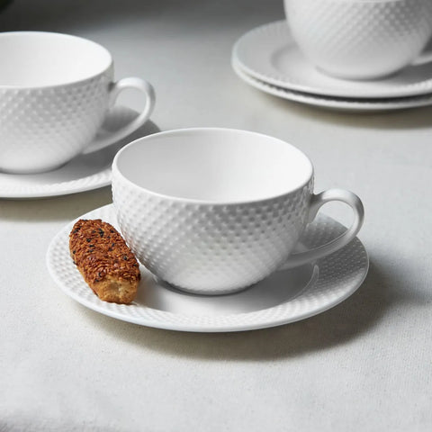 Coffret de tasses et soucoupes Karaca Punto pour 4 personnes, 8 pièces, New Generation Bone, 220 ml, blanc, embossé