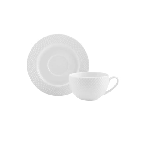 Coffret de tasses et soucoupes Karaca Punto pour 4 personnes, 8 pièces, New Generation Bone, 220 ml, blanc, embossé