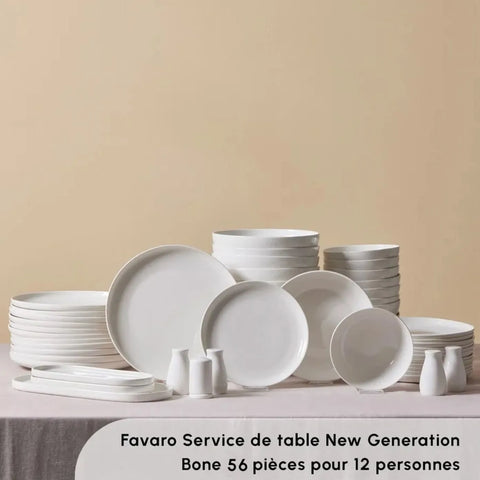 Service de table Karaca Favaro pour 12 personnes, 56 pièces, New Generation Bone, blanc