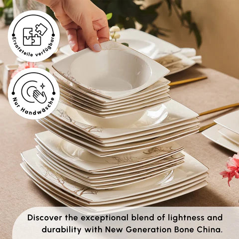 Karaca Square Bone China Autumn Service de Table 53 Pièces pour 12 Personnes, Blanc Multicolore