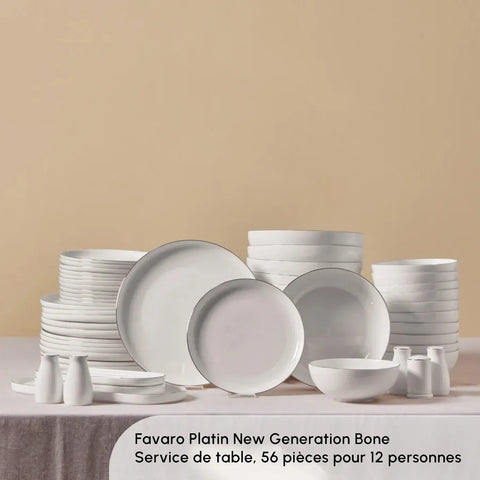Service de table Karaca Streamline Favaro pour 12 personnes, 56 pièces, New Generation Bone, platine