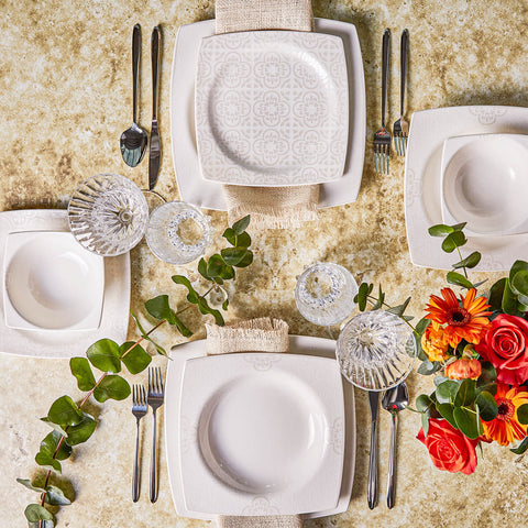 Karaca Square Bone Royal Lace, Service de Table 24 pièces pour 6 personnes